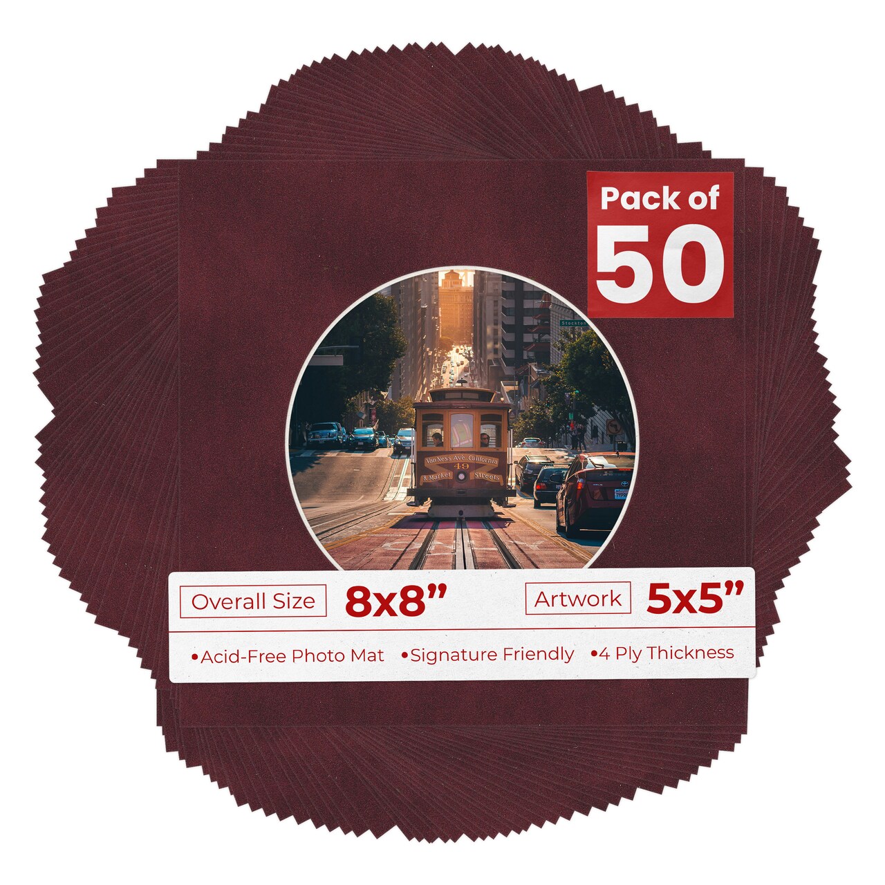 Dark Red Suede Mat Board for 8x8 Frames - Circle Opening for 5x5 Photos